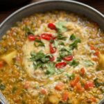 red lentil dahl served in a bowl with some chillies and cilantro