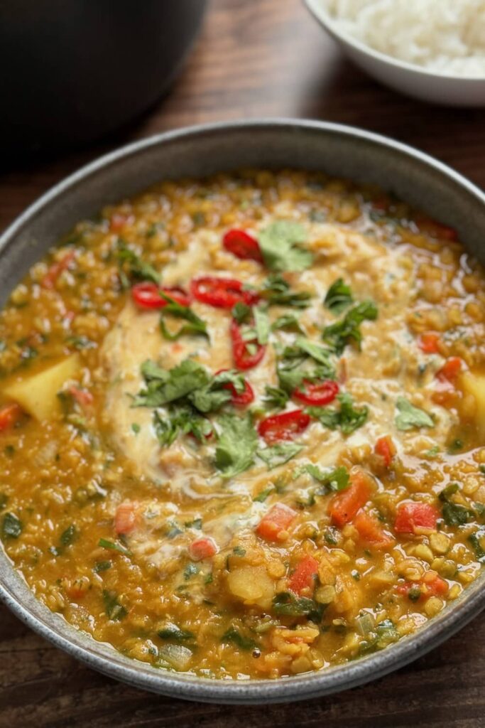 red lentil dahl served in a bowl with some chillies and cilantro