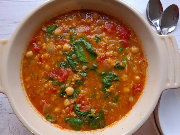 easy chickpea and red lentil soup served in a bowl
