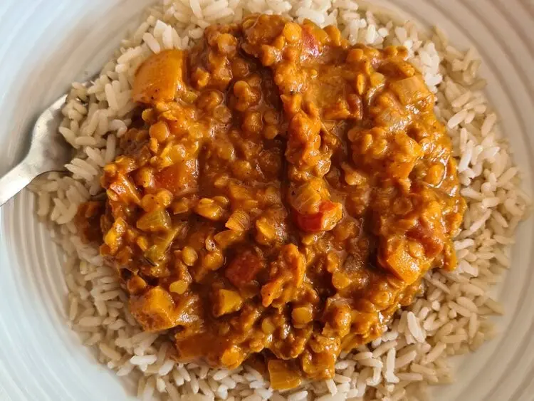 creamy red lentil curry served with rice