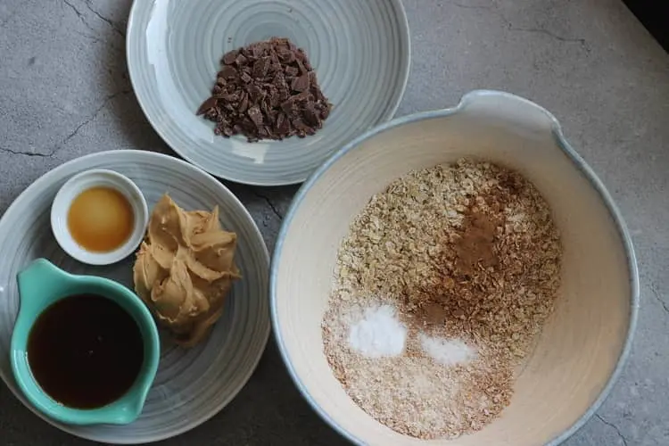peanut butter oat cookies ingredients shown in bowls