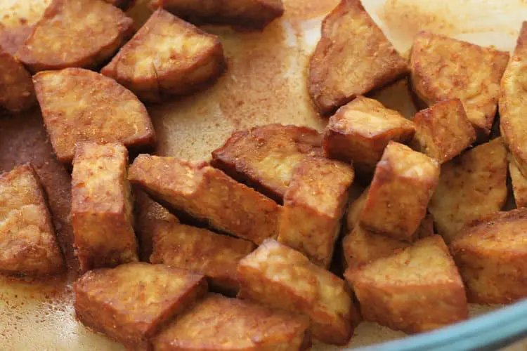 Cooked pieces of tempeh for tempeh curry