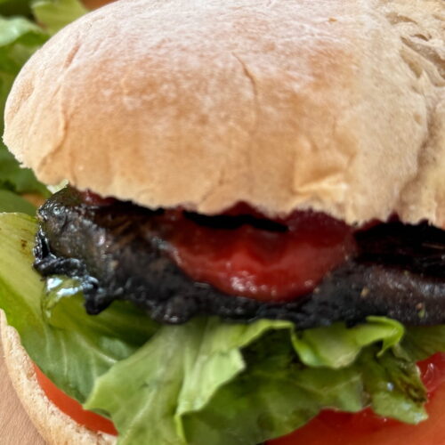 a burger made with a portobello mushroom burger patty with fillings
