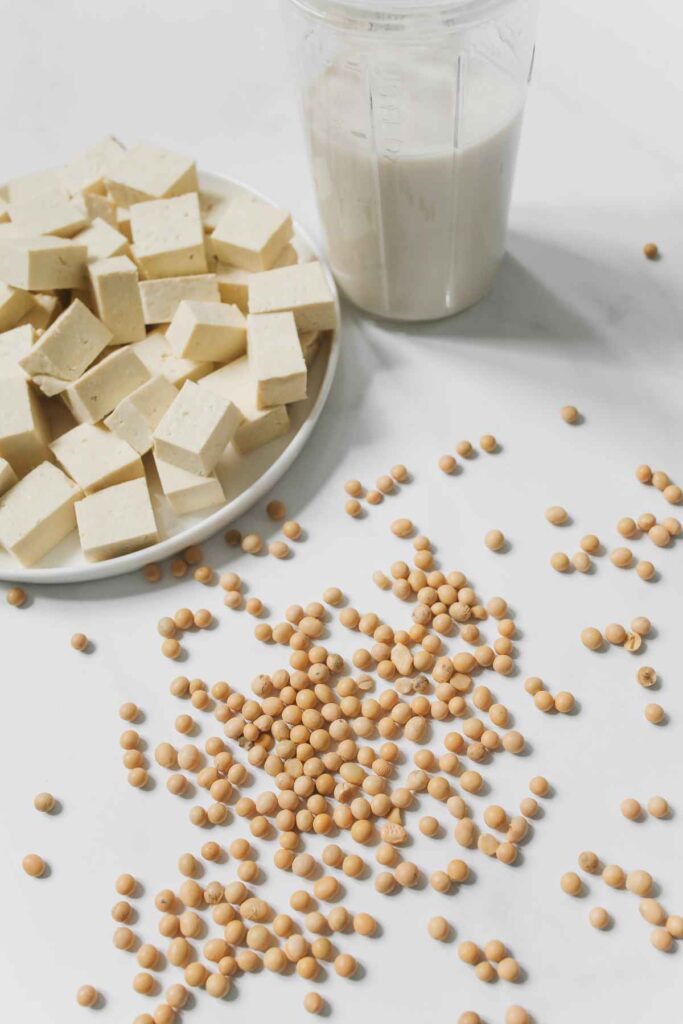 A picture of tofu, soy beans and soya milk