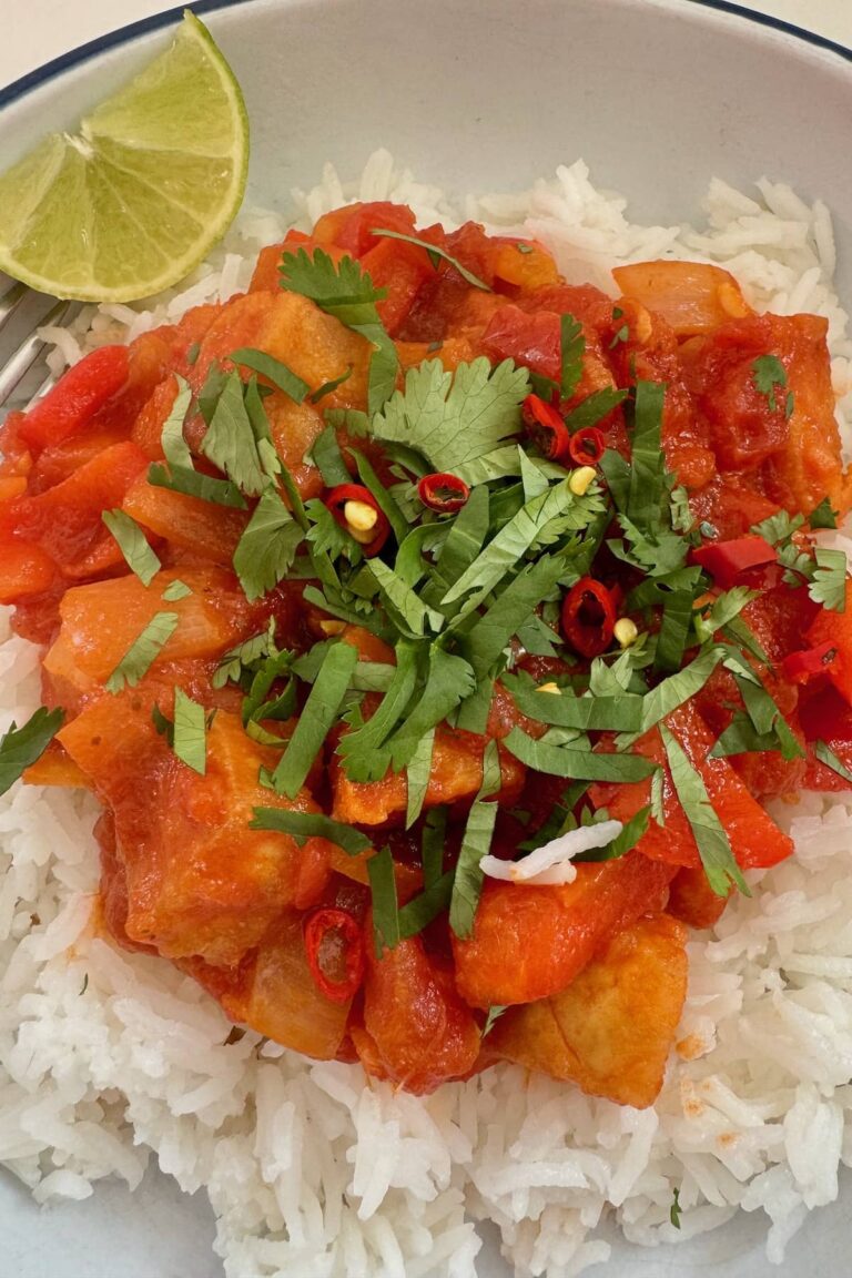 Tofu in tomato sauce served in a bowl