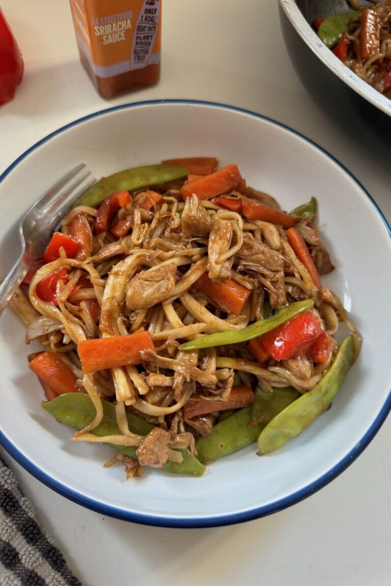 Vegan Chinese jackfruit stir fry served with noodles in a bowl