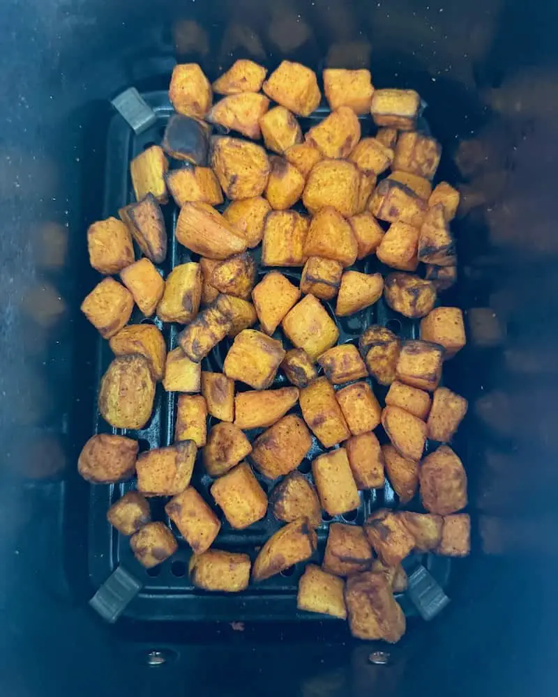 cooked sweet potatoes in an air fryer