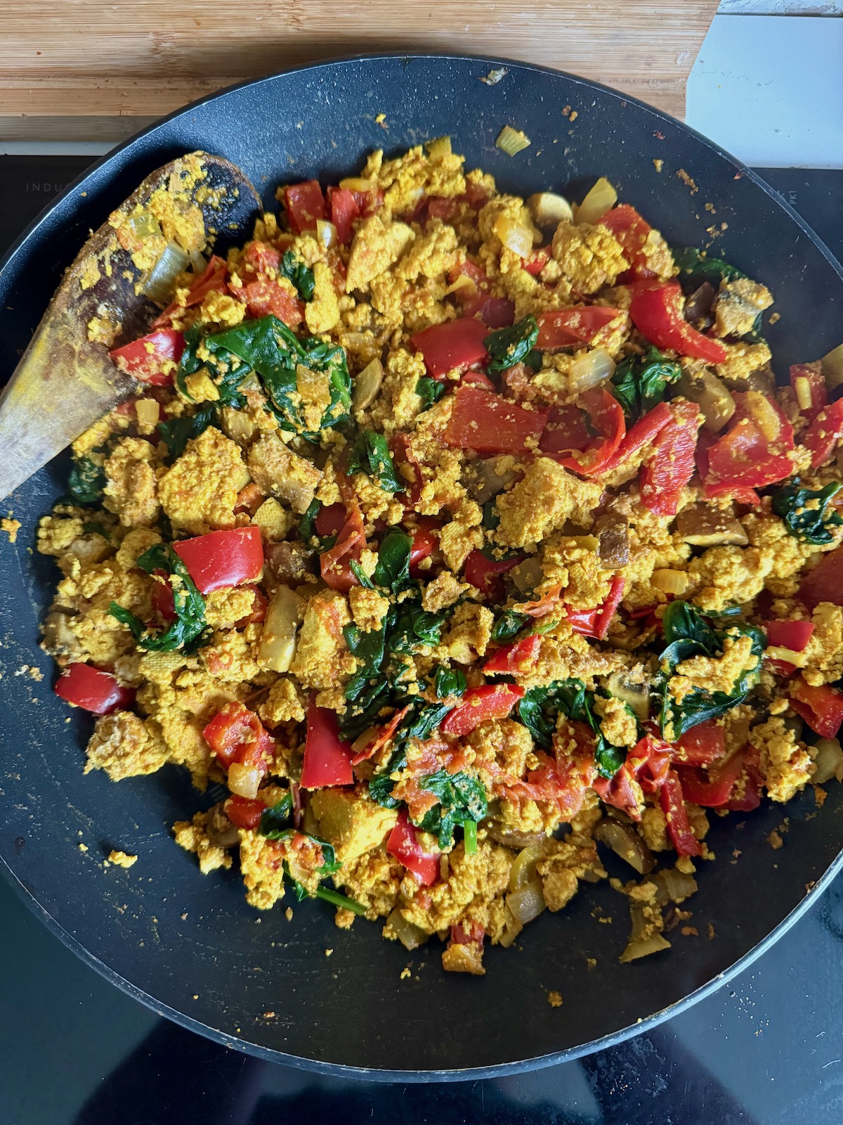 The Best Spicy Breakfast Tofu Scramble with Spinach & Mushrooms