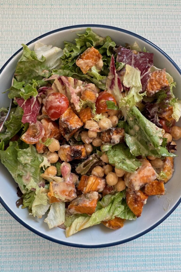 air fryer sweet potato and chickpea salad served in a bowl