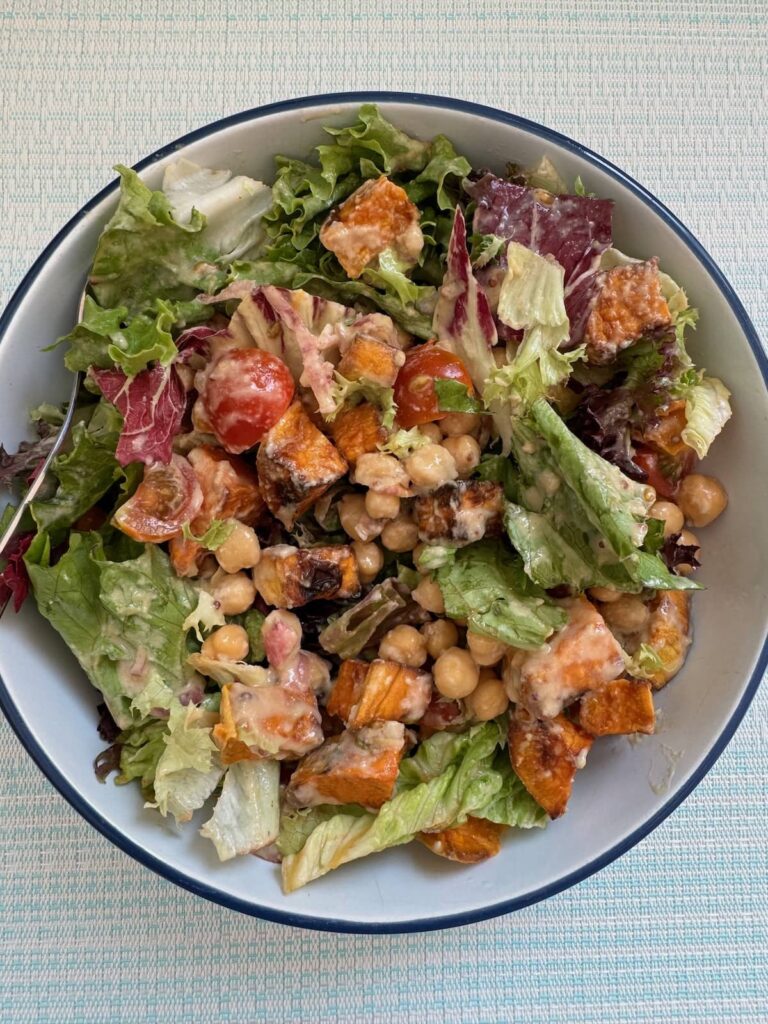 air fryer sweet potato and chickpea salad served in a bowl