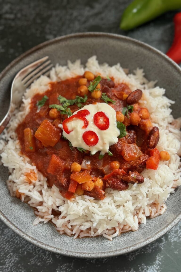veggie and bean chilli served with rice on a plate and topped with soy yoghurt