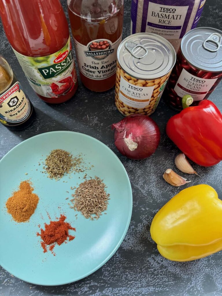 ingredients to make super fast veggie chilli laid out on a table